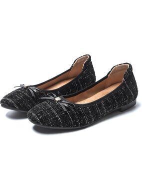 Women's Black Plaid Cotton Dressy Comfortable Round Toe Bow Ballet Flats Shoes